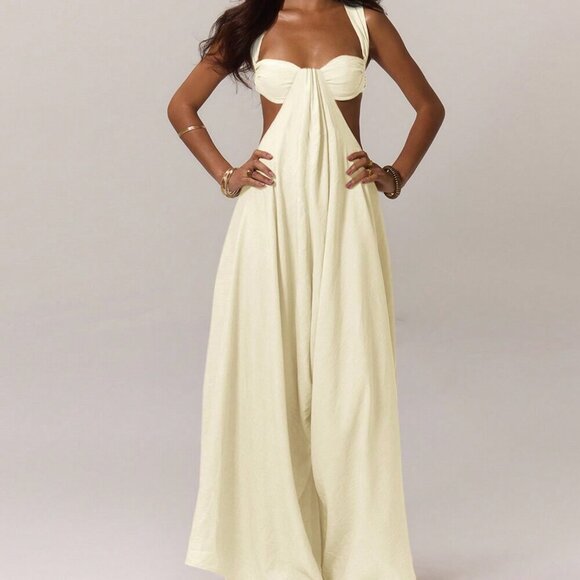 Pants - Beige Sexy Women's Ruched Bust Extreme Wide Leg Jumpsuit Vacation
